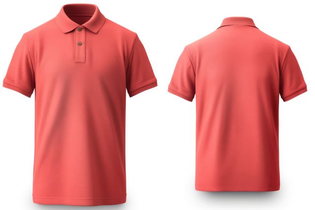 Coral pink polo shirt displayed from both front and back views. Suitable for showcasing apparel design, e-commerce product listings, fashion stores, and branding mockups. Ideal for use in promotional materials, catalogs, and online advertisements. High-quality detailed representation of classic short-sleeve polo style.