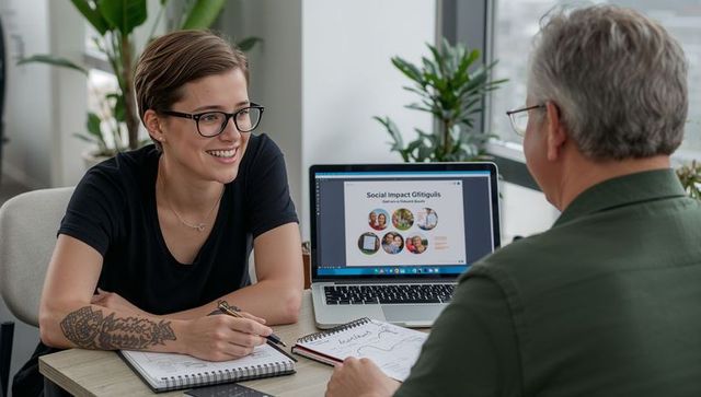 Young professional smiling while taking notes during collaborative laptop presentation