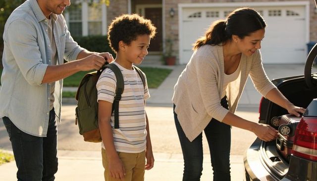 Family packing car for weekend trip loading suitcase and adjusting boy's backpack