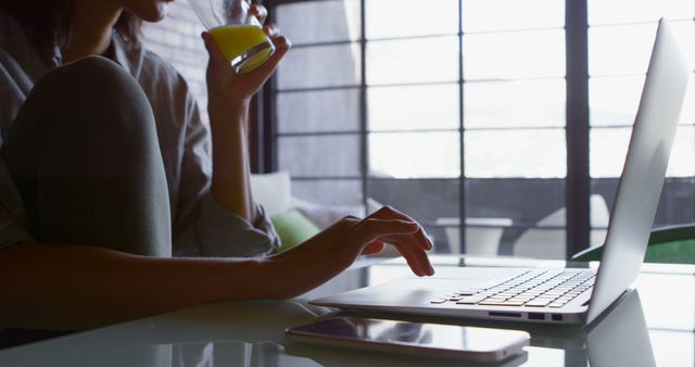 Woman Enjoying Juice While Working on Laptop at Home - Download Free Stock Images Pikwizard.com