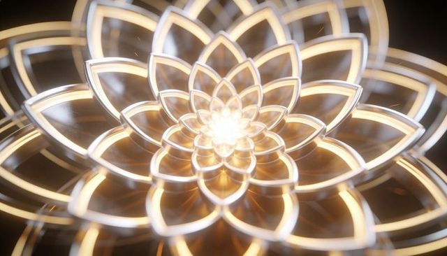 Glowing lotus chandelier casting warm golden-white light across luxury gallery ceiling