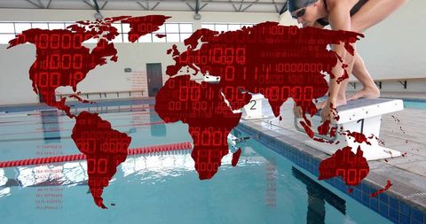 Crouching competitive swimmer on starting block with red binary world map overlay