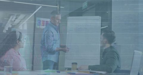 Collaborative Business Strategy Meeting in Modern Office with Data Overlay