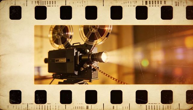 Projecting vintage 16mm reel-to-reel projector casting warm cinematic beam and filmstrip border