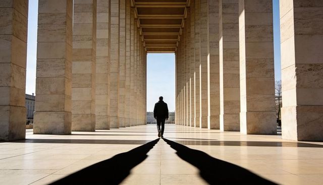 Man walking through sunlit colonnade casting long shadow, architectural symmetry and depth