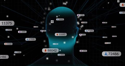 Pulsing Wireframe Human Head Connecting to Digital Network with Floating Data Labels