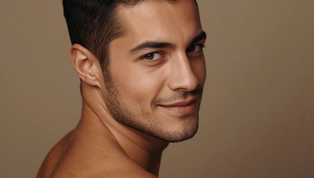 Smiling young man turning toward camera showing bare shoulders soft beige backdrop with warm light