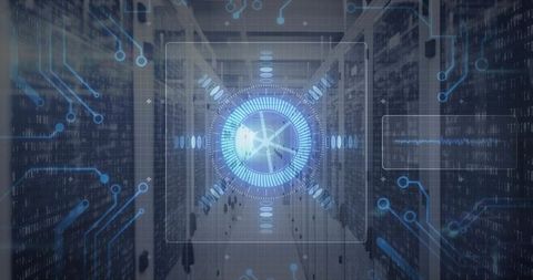 Floating Holographic HUD Over Server Aisle Showing Futuristic Blue Circuit Interface