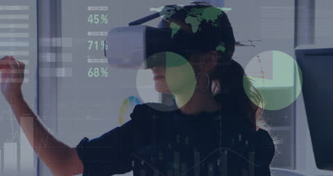 Woman Using VR Headset with Financial Data Overlay