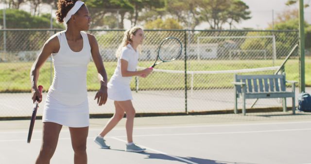 Women tennis players in white uniforms practicing doubles on an outdoor court. Useful for sports training, female athletics advertisements, fitness and recreation promotions, and tennis-related resources.