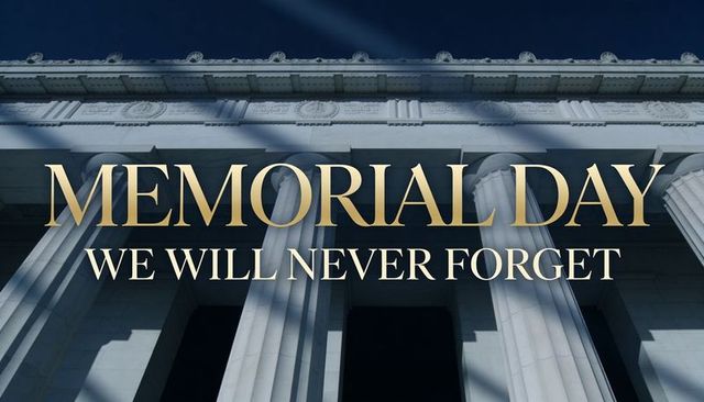 Memorial day tribute gold lettering on neoclassical monument columns and deep shadows