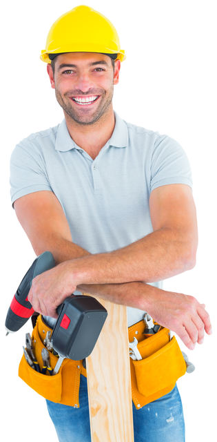 Transparent Smiling Male Carpenter Holding Power Drill and Wooden Plank - Download Free Stock Videos Pikwizard.com