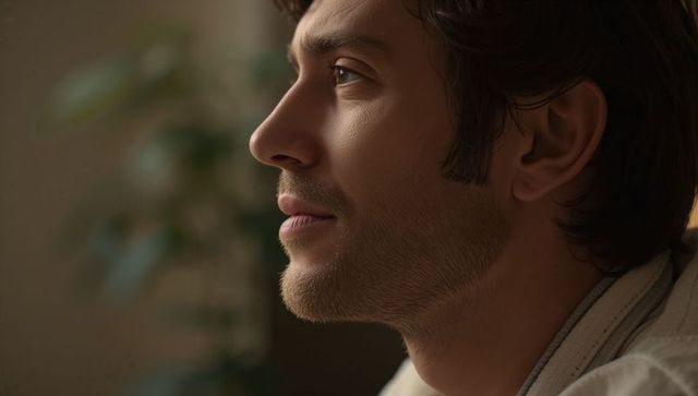 Man gazing contemplative in warm profile portrait with soft bokeh and copy space