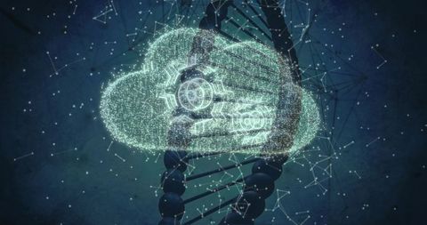 Overlaying glowing cloud computing and dna helix visualizing genomic data and bioinformatics
