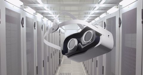 Vr headset in data center illustrating virtual reality and cloud computing