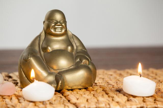 Golden laughing Buddha figurine sitting between two lit candles on a woven mat, creating a peaceful and serene atmosphere. Ideal for use in articles about meditation, spirituality, relaxation techniques, or as an image for serene home decor.