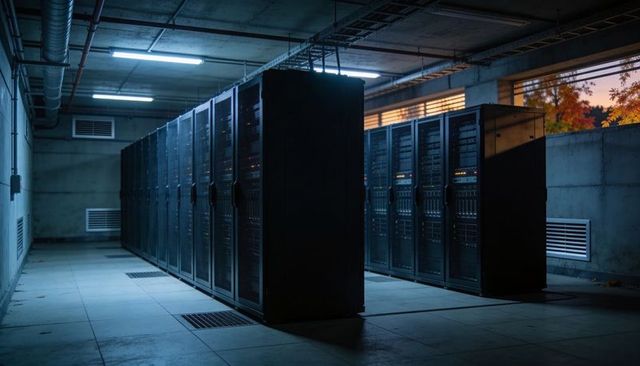 Glowing server racks lining dim basement datacenter with amber green leds and cooling ducts