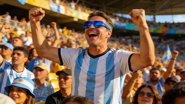Argentinian fan cheering with raised fists wearing blue sunglasses and sky-blue striped jersey