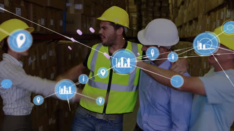Warehouse Workers Collaborating with Digital Network Overlay