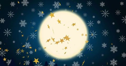 Full Moon with Snowflakes and Golden Stars in Winter Night Sky