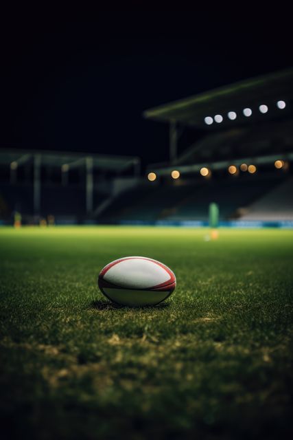 Perfect for sports-related content, rugby promotions, or articles about night games. Captures the essence of a game with its focus on a rugby ball under dramatic lighting.