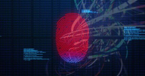 Biometric fingerprint glowing red-purple on cybersecurity data visualization interface