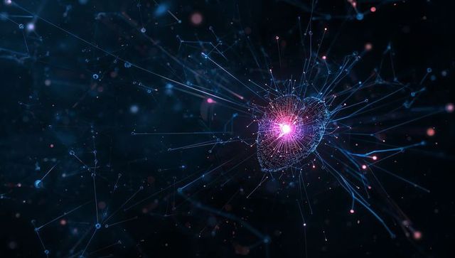 Neon network heart radiating magenta core with cyan data trails in futuristic cyberspace