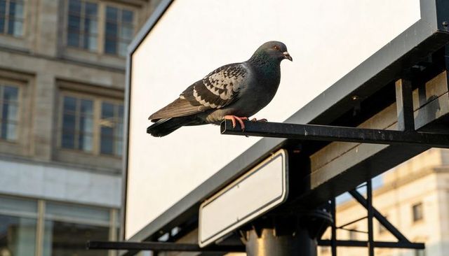 Pigeon perching on billboard beam showing iridescent neck and blank sign panel