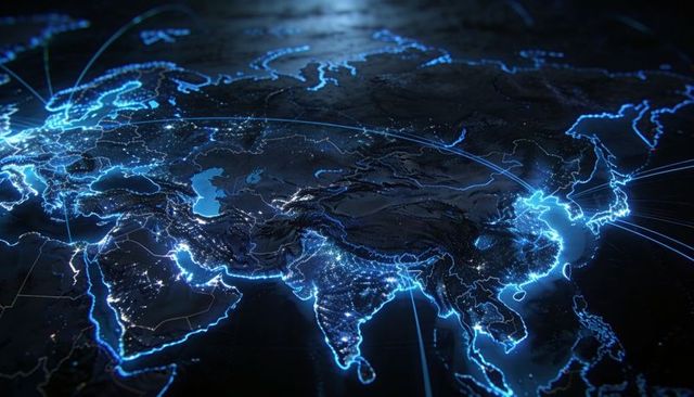 Neon Network Map of Asia with Glowing Coastlines, City Nodes and Arcing Data Routes 3D
