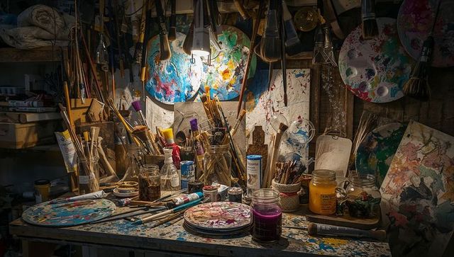 Paint-splattered artist workbench glowing under lamp with brushes, palettes, jars