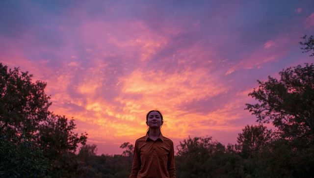 Woman Standing in Forest Clearing Gazing at Vivid Pink and Orange Sunset Sky