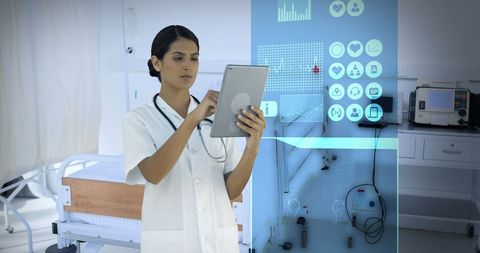 Doctor Using Tablet with Digital Interface in Hospital - Download Free Stock Images Pikwizard.com