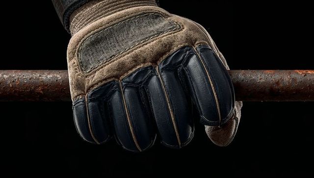 Gripping worn suede and leather glove on rusted metal bar, rugged industrial closeup