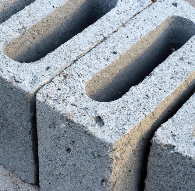 Close-up of three grey concrete cinder blocks showcasing rough textured surfaces stacked together. Perfect for illustrating topics related to construction, building materials, durability, and masonry work.