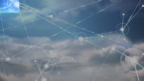 Digital Network Overlay on Cloudy Sky with Web Icons