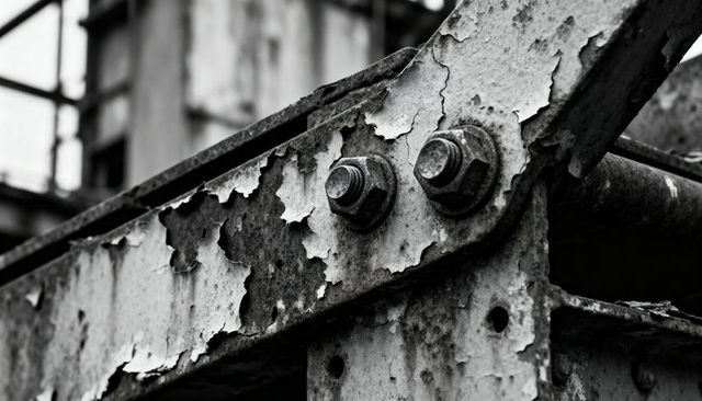 Peeling paint and rust on bolted steel bridge joint, weathered industrial texture, monochrome