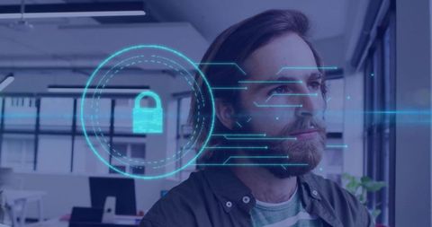 Man in Office Gazing at Holographic Padlock Representation
