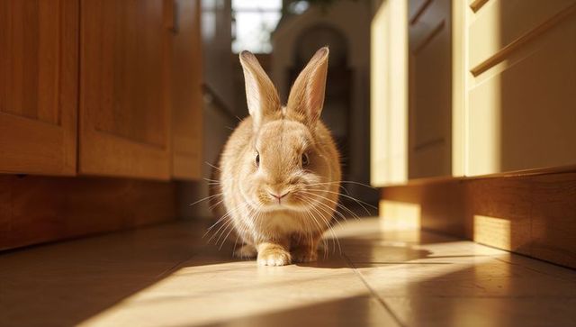 Sunlit tan rabbit strolling down kitchen corridor basking in warm tile sunbeams at home