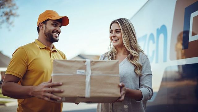 Courier delivering package to smiling customer in neighborhood