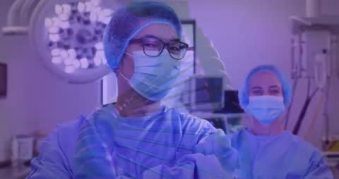 Surgeons in Operating Room with Futuristic DNA Overlay