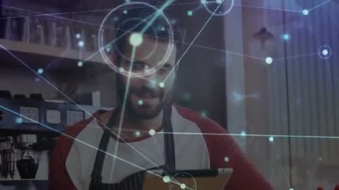 Barista Engaged with Digital Coffee Shop Technology Network Interface