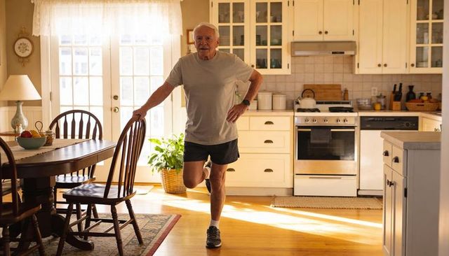 Senior man balancing and performing home stability exercises in sunlit kitchen