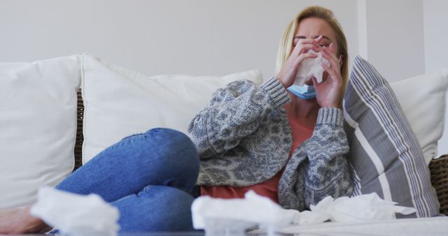 Young Woman Blowing Nose While Sitting on Couch - Download Free Stock Images Pikwizard.com