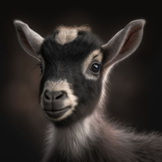 This image of an adorable baby goat with a curious expression and a curly forelock is perfect for use in agriculture-related content, children’s books, or advertisements for farms and petting zoos. The brown and white coloring makes it visually appealing for animal lovers and educational materials.