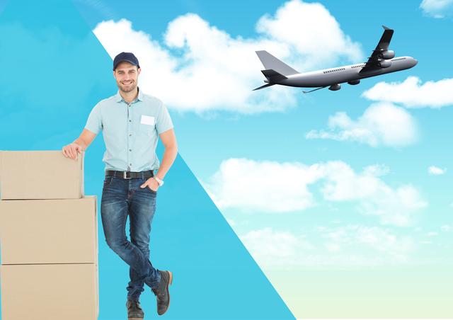 A cheerful delivery man standing next to parcels, with an airplane flying in the sky behind him. Suitable for demonstrating efficient logistics, transportation services, air freight companies, and courier service promotions.