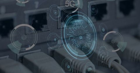 Digital Security Icons on Router Back Panel with 5G Highlight