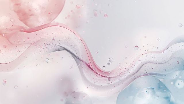 Translucent Pastel Ribbon Wave with Floating Droplets, Crystal Shards and Soft Bokeh Orbs