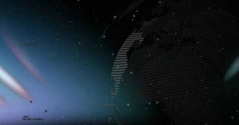 Dotted Digital Globe Emitting Neon Light Streaks and Data Nodes in Dark Cyber Background