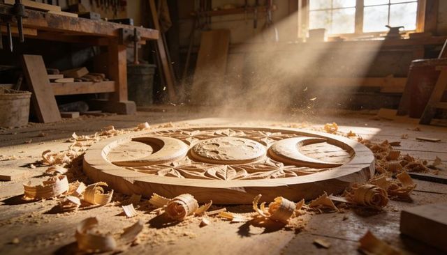 Sunlit wood carving medallion on workshop floor with floating dust and curled shavings