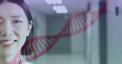 Asian female doctor overlaid with dna helix symbolizing genetic research